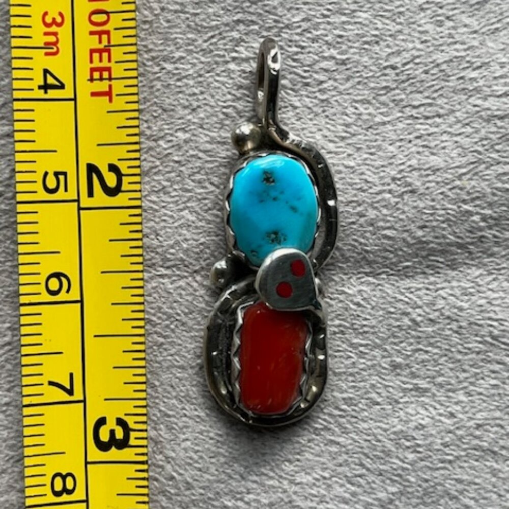 Effie Calavaza Turquoise and Coral Zuni Snake Pendant - Picture 3 of 7